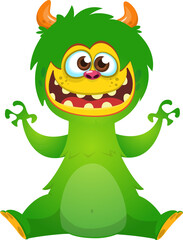Fototapeta premium Cartoon happy adorable monster sitting and waving hands. Vector illustration isolated on white. Great for Halloween party or package design