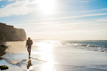 This image captures a tranquil moment of a solitary figure walking along a sunlit beach. The sun...