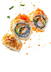Food photo of Philadelphia Rolls falling flying in the air isolated on white transparent background, angle side view, ultra realistic, PNG