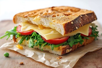 Sandwich basique, tomates, roquettes, fromage appétissant sur fond blanc. Basic sandwich, tomatoes, arugula, appetizing cheese on a white background.