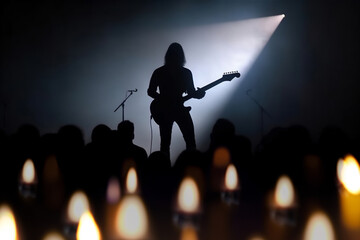 Ssilhouette of rock guitarist musician with electric guitars on a stage in strobe light. The lights of lighters glow in in the foreground - obrazy, fototapety, plakaty