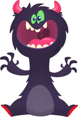 Cartoon happy monster with funny face expression sitting.  Vector illustration isolated on white. Great for Halloween party or package design