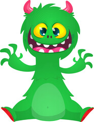 Cartoon happy monster with funny face expression sitting.  Vector illustration isolated on white. Great for Halloween party or package design