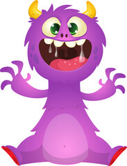 Cartoon happy monster with funny face expression sitting.  Vector illustration