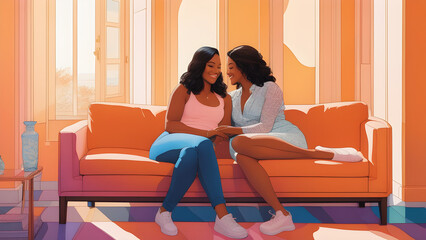 Lesbian couple lounging playfully on a couch, illustration