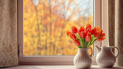 a painting of a vase of tulips on a window sill