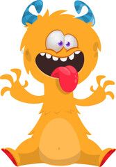 Cartoon happy monster showing long tongue.  Vector illustration isolated on white. Great for Halloween party or package design