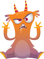 Cartoon happy monster with funny face expression sitting.  Vector illustration