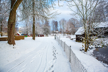 Winter in Hembygdsparken park in Hassleholm, Sweden