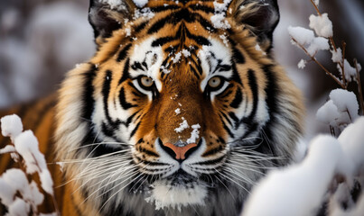 Majestic Siberian Tiger with Piercing Eyes in Snowy Habitat, A Powerful Icon of Winter's Wild Beauty