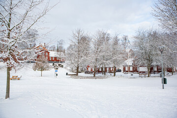 Naklejka premium Winter in Hembygdsparken park in Hassleholm, Sweden