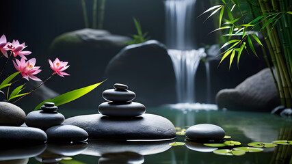 zen basalt stones and bamboo on the black background with waterfalls