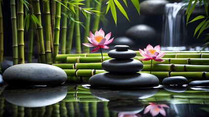 zen basalt stones with water lily and bamboo on black background - obrazy, fototapety, plakaty