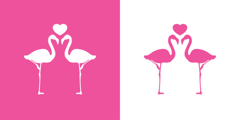 Silueta de dos flamingos de pie con corazón entre sus largos cuellos. Icono romántico. Logo para su uso en felicitaciones y tarjetas de San Valentín - obrazy, fototapety, plakaty
