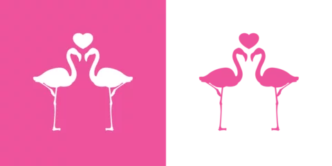 Fotobehang Silueta de dos flamingos de pie con corazón entre sus largos cuellos. Icono romántico. Logo para su uso en felicitaciones y tarjetas de San Valentín © teracreonte