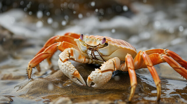 Crab poised on shore pebbles.