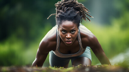 Close up photo of black female fitness enthusiast having an intensive workout in nature  - obrazy, fototapety, plakaty