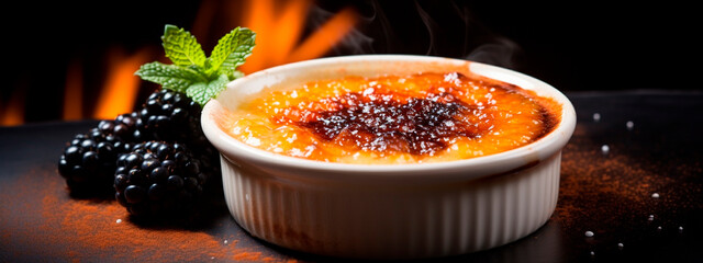 Creme brulee in a plate. Selective focus.