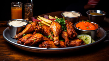 Fototapeta premium Fried wings on a plate. Selective focus.