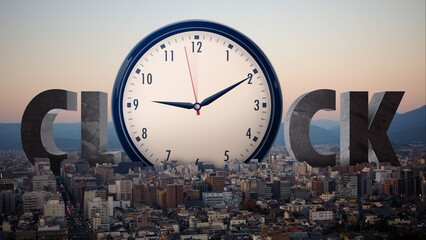 Time lape large clock Standing tall on a large city along with the letter clock