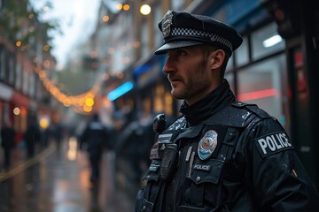 A dedicated law enforcement professional, proudly patrolling a busy city street to uphold security and safeguard the community