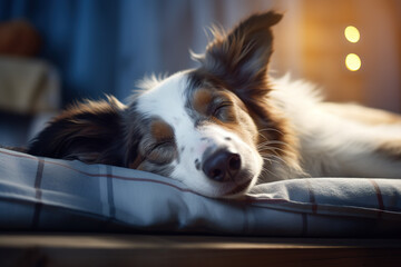 Image of cute border collie dog lying on sleeping cushion. Pet. Animals.
