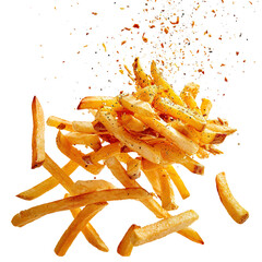 French fries falling flying in the air isolated on white transparent background, ultra realistic, PNG