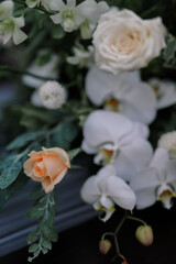 Conceptual decoration for special event. Gathering. Family dinner. Private party. Celebration. Table flower. Long table. Table Setting. With drop light. Outdoors. Details. 