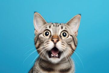 funny shocked tabby cat on blue background