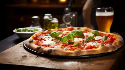 Foto op Canvas Pizza con pomodoro, mozzarella, pomodorini freschi, basilico e una birra fresca in una pizzeria in Italia © Wabisabi