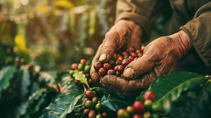 Naklejka na ściany i meble Hand showcasing freshly harvested coffee