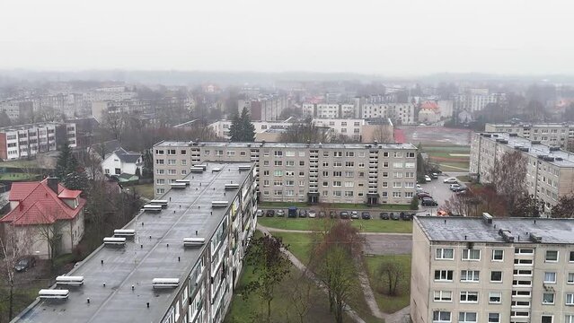 Block building soviet district. Small city in Europe, Lithuania, Silute.