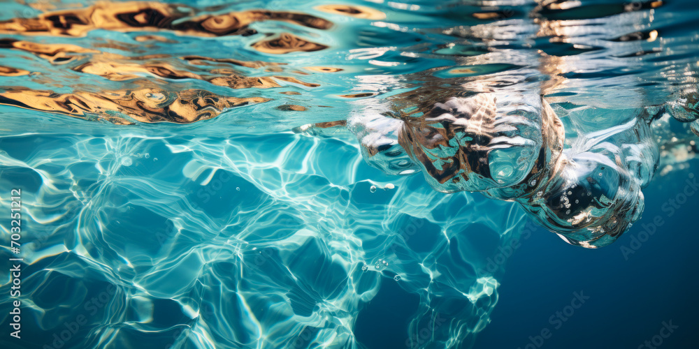 Poster calm aqua waters gently rippling in a serene pool, creating a tranquil and soothing texture for back