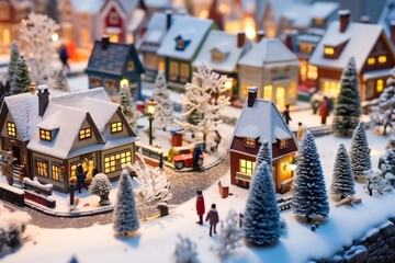 Miniature city with houses and streets covered in snow