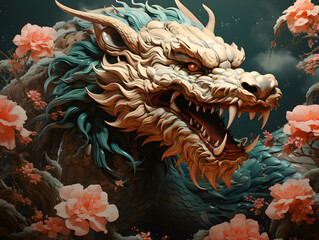 Fototapeta na wymiar Chinese Mythology Dragon Art Illustration with Fantasy Style. Chinese New Year Background