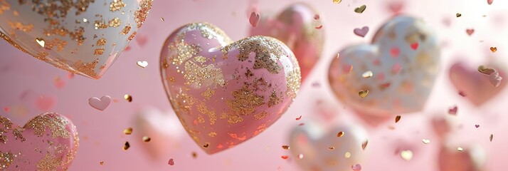 Floating Pink and Gold Hearts on a Soft Pink Backdrop for Love Themed Events and Valentine's Greetings - obrazy, fototapety, plakaty