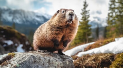 Marmot in the wild in a mountain valley in spring. Groundhog Day. Spring came. The groundhog woke up, weather forecast. A wild marmot stands on its hind legs in a field. Generative ai