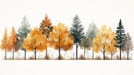 Watercolor bright Autumn trees, Orange background, Fall leaf