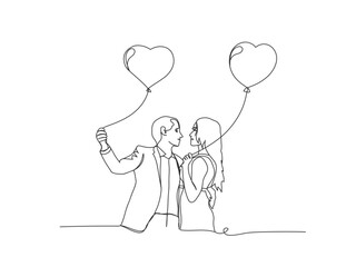 Continuous one line happy couple in love with heart balloon.