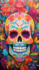 A Vivid Painting of a Skull Adorned with Colorful Flowers