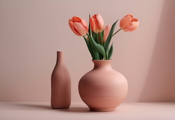 AI generated illustration of two pink ceramic vases with pink tulips