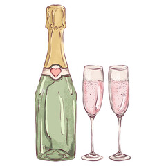 Champagne Bottle with Glasses Hand Drawn Valentine's Day Illustration