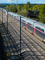 TGV (high speed train) train traveling on the railway track in Cavaillon in Provence in France