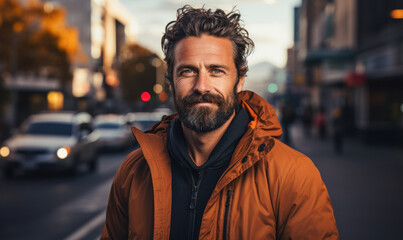 Fototapeta premium Portrait of a cheerful bearded man with a warm smile, radiating positivity and confidence, standing casually outdoors with a modern urban backdrop