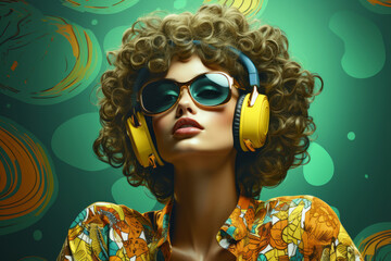Poster for retro party or disco. Futuristic girl in sunglasses and headphones.