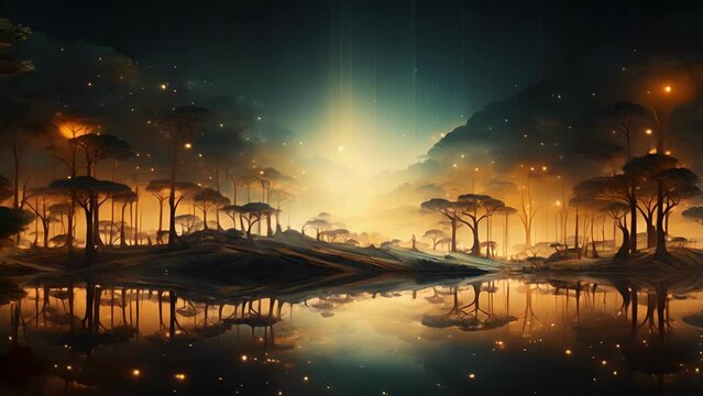 A fractal landscape filled with mirrored images, each one slightly altered and evolved from the previous, demonstrating the selfperpetuating nature of selfreplication and how it leads to