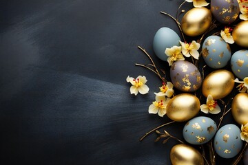 Obraz na płótnie Canvas Colorful Easter eggs on dark gray background with golden decor, empty copy space Generative AI 