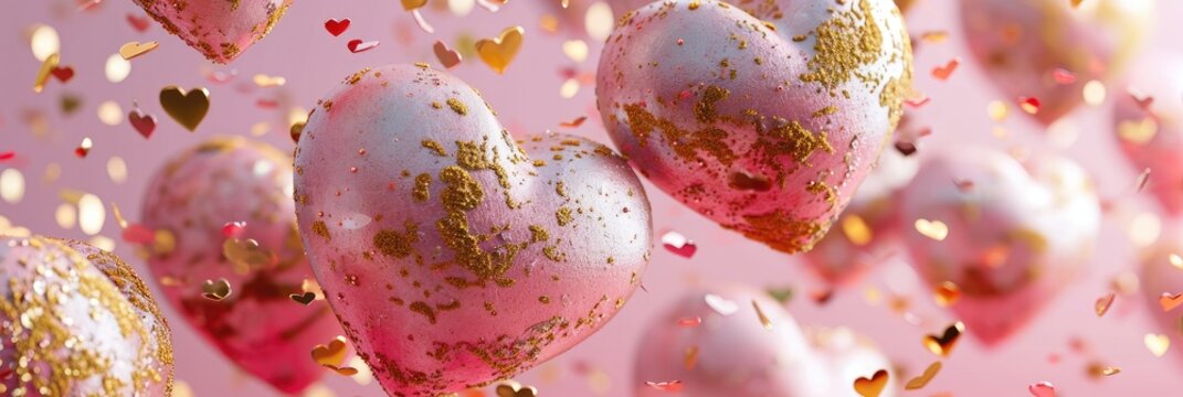 Floating Pink and Gold Hearts on a Soft Pink Backdrop for Love Themed Events and Valentine's Greetings
