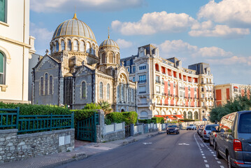 Biarritz, France. Street view with orthodox church and historical buildings.