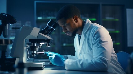 Portrait of a black male scientist looking under a microscope analyzing samples in a modern medical laboratory. Concepts of healthcare, microbiology, biotechnology.